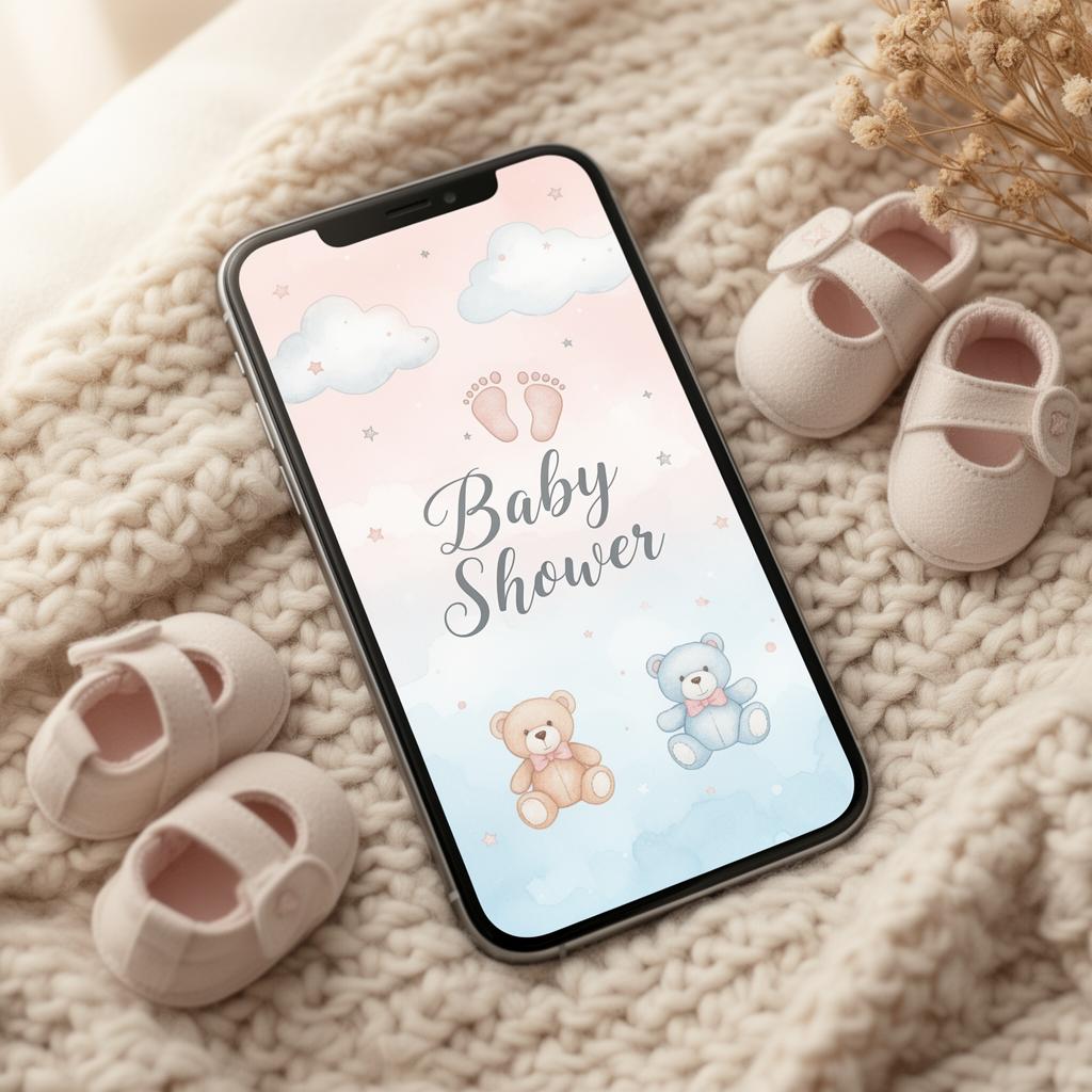 Invitación de baby shower en tonos pastel