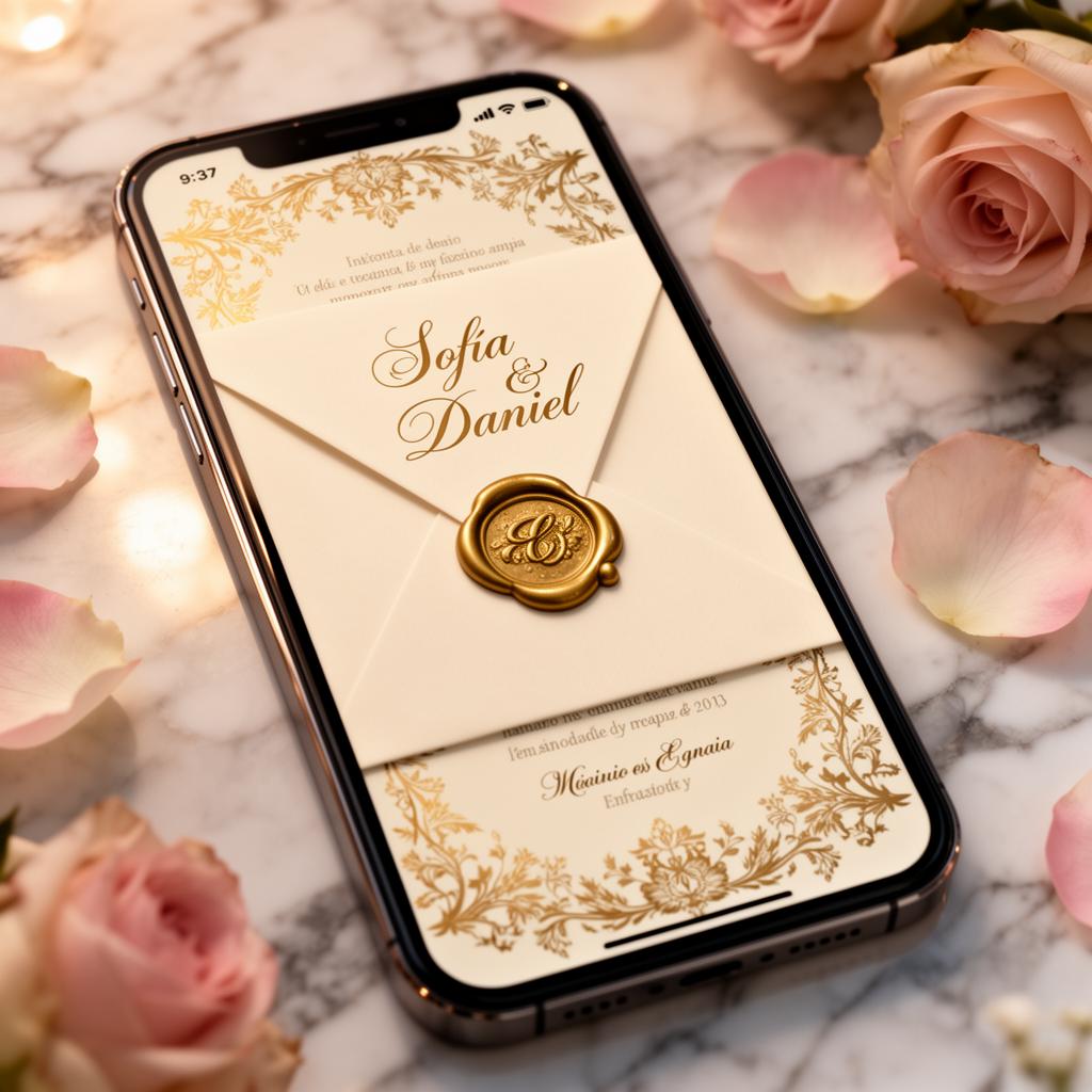 Invitación de boda con sobre y sello dorado