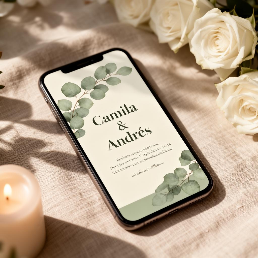 Invitación de boda minimalista con eucalipto