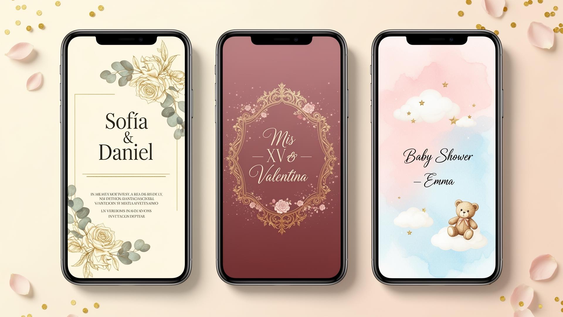 Tres invitaciones digitales en celulares: boda, cumpleaños infantil y baby shower